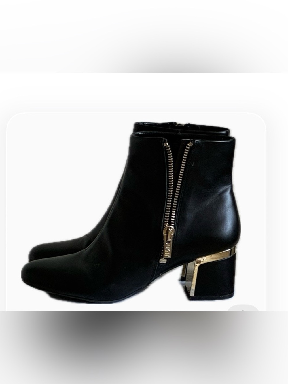 Black Leather Ankle Boots with Gold Zip and Heel